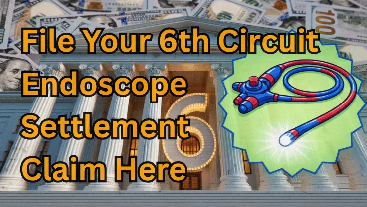 File Your 6th Circuit Endoscope Settlement Claim Here text on depiction of Sixth Circuit court with an exam scope and high-value cash backdrop.