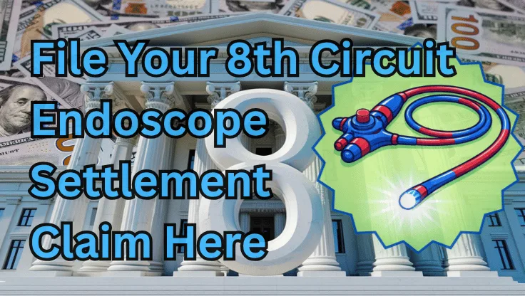 File Your 8th Circuit Endoscope Settlement Claim Here text on depiction of Eighth Circuit court with an exam scope and high-value cash backdrop.